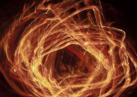 Bonfire Long Exposure Texture Red Lines in Dark Nature Background Circle Fire Orange Flameの写真素材