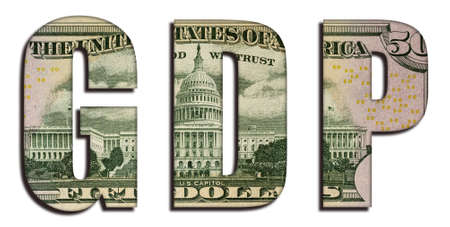 GDP Gross Domestic Product Abbreviation Word 50 US Real Dollar Bill Banknote Money Texture on White Backgroundの写真素材