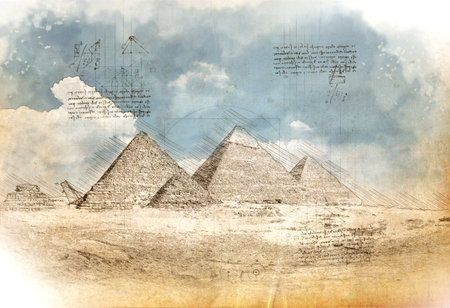 Egyptian pyramids sketch
 in the sand desert and clear skyの写真素材