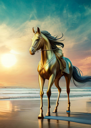 imaginary golden beautiful Horse on a beach golden hour, illustration background design creative ideaの写真素材