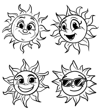 Sun Cute Funny Cartoon Characters black outline vector art ready for color comic design 4  different characters summer season greetingのイラスト素材