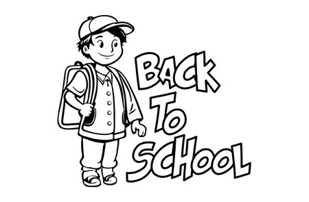 BACK TO SCHOOL CARTOON CHARACHTER for a student also use as a DESIGN LABEL VECTOR ART Black and White Cartoon Illustration of a Boy with Back to School Conceptのイラスト素材