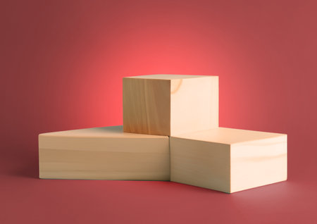 3d render of wooden podium for product display on red background.の写真素材