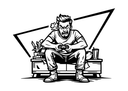 Mascot illustration of a man playing video games with a joystick excited angry guy holding game pad playing games vector cartoon drawing outline ready for coloringのイラスト素材