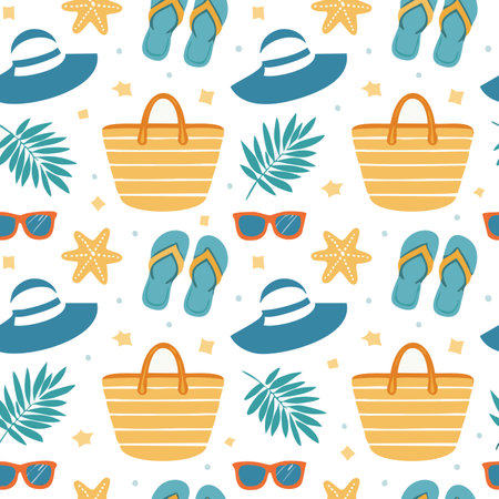 Summer Vibes sunglasses sea star flipflops beach hat seamless pattern illustration background