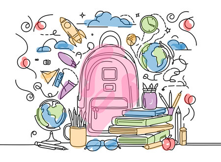 Back to school concept with backpack, books, globe, pencils and other supplies. Vector illustrationのイラスト素材