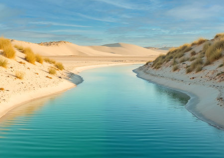 Blue lake in the middle of the dunes of Corralejo, Fuerteventura, Canary Islands, Spainの写真素材