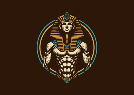 An abstract illustration mascot design for an ancient Egyptian pharaonic king with a built muscle body symbol for power and strengthのイラスト素材