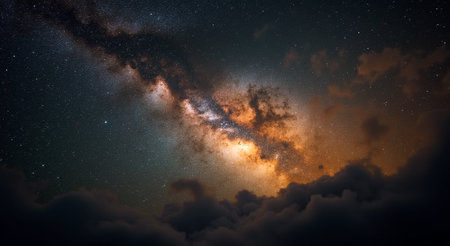 A captivating 3D render of a starry night sky with the Milky Way arcing majestically across the...
