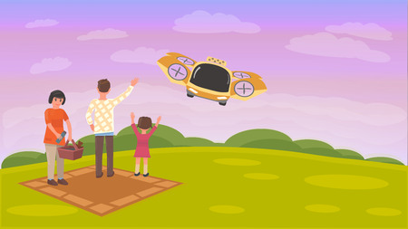 Flying Taxi Picks up Family after Picnic. Family Outdoor Recreation. Unmanned Passenger Drone. Flying Car. Banner or Landing Page. Summer Rest. Sunset. Spring Adventures. Cartoon and Flat Style.のイラスト素材