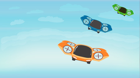 Racing in Sky on Flying Sports Cars. Futuristic Technology. Cartoon Composition. Flat Style. Vector Illustration. Drones and Our Future. Banner. Cartoon Flying Machines. Different Colors.のイラスト素材