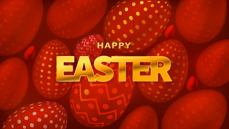 Happy Easter. Postcard or Banner. Realistic Holiday Egg with Golden Textures.のイラスト素材