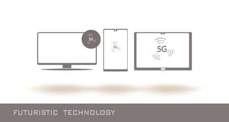 TV, mobile phone and laptop icons with 5G internet logo. Futuristic tecnology line icons. 5G...