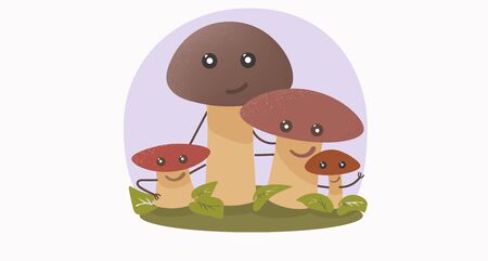 Mushrooms family. Cartoon and flat style. Mushrooms set. Vector illustration. Colorful and funny composition. Mushrooms in meadow.のイラスト素材