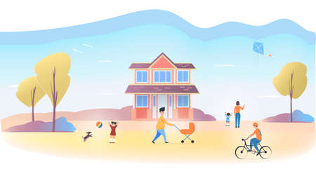 Family house vacation. Vector illustration of people having rest near their house in nature.のイラスト素材