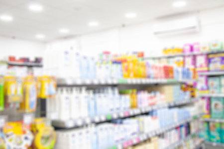 Abstract blur photo, a full shelf of items in a large shopping mallの写真素材