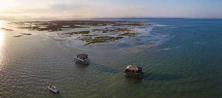 Fishermen houses in Bassin Arcachon, Cabanes Tchanquees, Aerial view, France, Europe