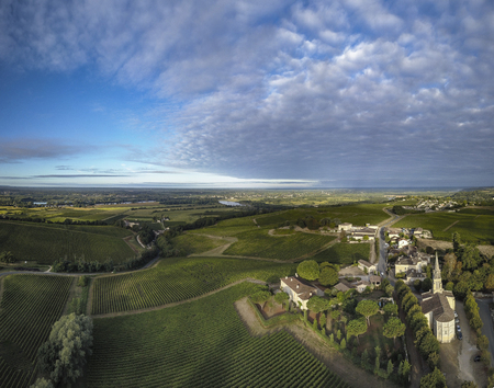 Aerial view Bordeaux Vineyard at sunrise,film by drone in summer, Entre deux mers, Langoiranの写真素材