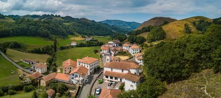 Aerial view, Basque Country, Aldudes Valley, the village of Urepel, Pyrénées-Atlantiques, France,...
