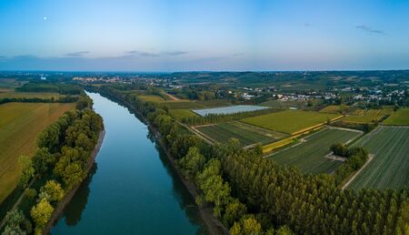 AERIAL VIEW OF AN AGRICULTURAL LANDSCAPE NEAR THE GARONNE RIVER, COUNTRYSIDE, ENVIRONMENT, SAINT...