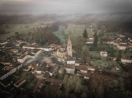 Aerial view Collegiale Uzeste, Pop Clement V, Gironde, Aquitaine