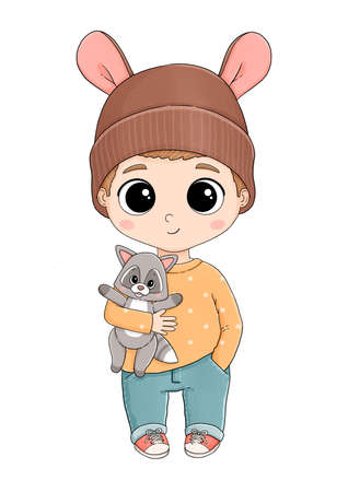 Cute little boy in rabbit hat with raccoon toyの写真素材