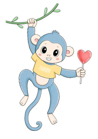 Cute little blue monkey with heart lollipopの写真素材