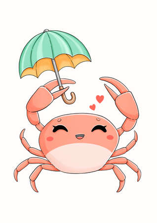 Cute little crab with blue and yellow umbrellaの写真素材