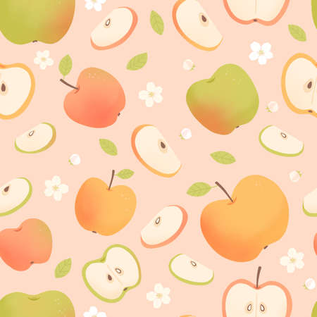 Seamless pattern with apple, half apple, blossomの写真素材