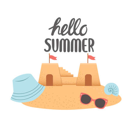 Hello summer set of elements on sand, vector
