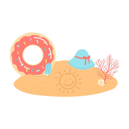 Hello summer set of elements on sand, vectorのイラスト素材