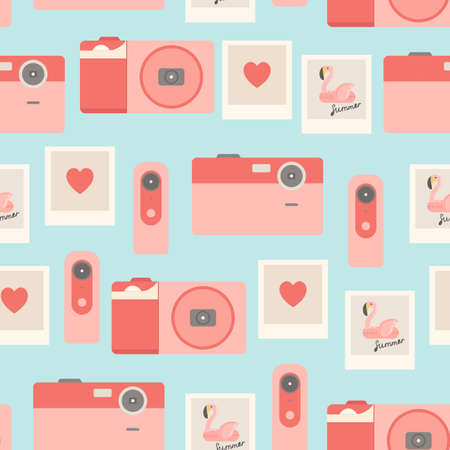 Summer seamless pattern with cameras and vectorのイラスト素材