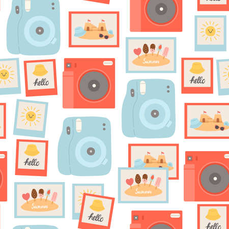 Summer seamless pattern with cameras and vectorのイラスト素材