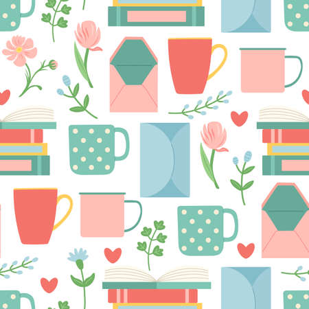 Book, cup, envelope and flower seamless patternのイラスト素材