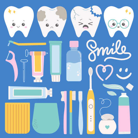 Teeth health care set flat vector illustrationのイラスト素材