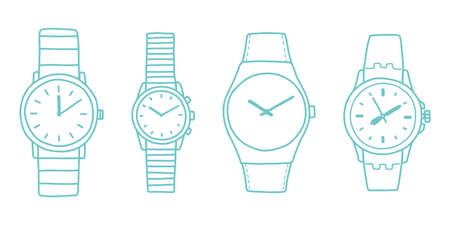 Doodle watch set, blue color vector illustrationのイラスト素材
