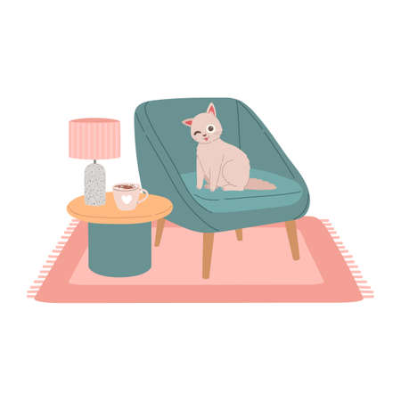 Cat on modern chair flat design vectorのイラスト素材
