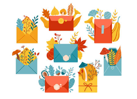 Autumn envelope fall season set vector elementsのイラスト素材