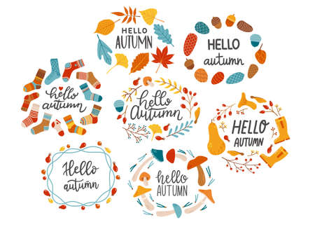 Hello autumn season slogan lettering set vectorのイラスト素材