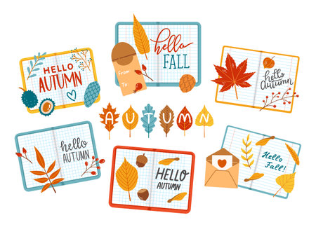 Hello autumn fall season school set vectorのイラスト素材