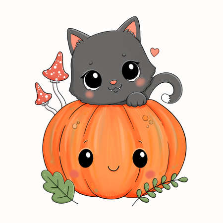 Halloween vector black cat, pumpkin and mushroomsのイラスト素材
