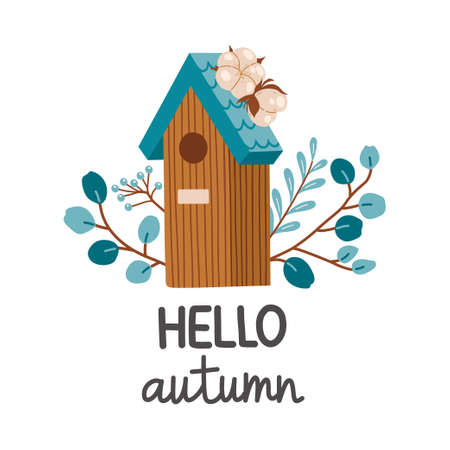 Hello autumn birdhouse fall season vector elementsのイラスト素材
