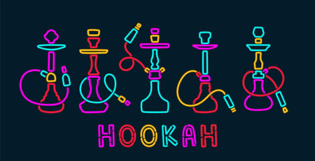 Hookah neon signs collection vector. Night Hookah Design Template, Light Banner, Night Bright Advertisingのイラスト素材