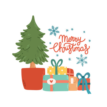 Many gifts presents under Christmas tree vectorのイラスト素材