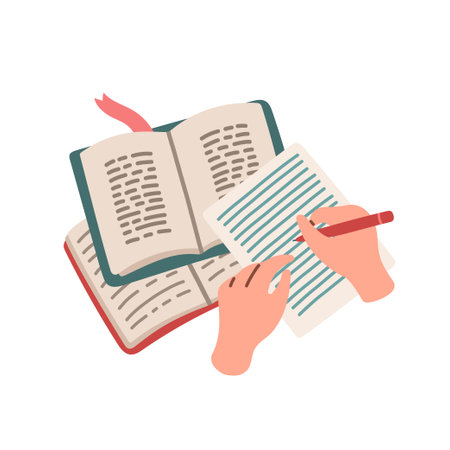 Top view of hands are writing in a notebook at the table with opened books. Studying, doing homework. Flat design vectorのイラスト素材
