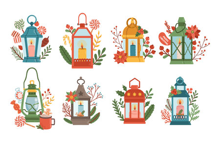 Christmas lanterns set winter decor flat design vectorのイラスト素材