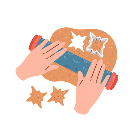 Kneading dough hands. Woman prepares homemade cookies. Top view. Cooking school. Vector illustration in flat style.のイラスト素材