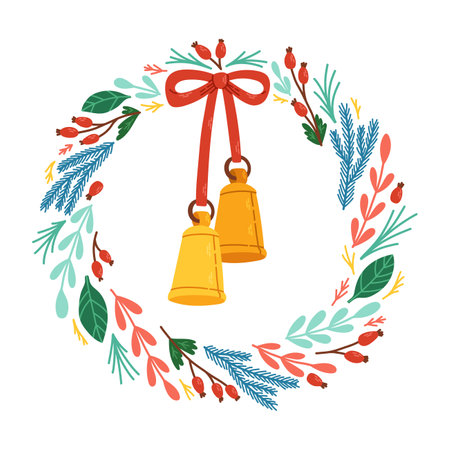 Modern Christmas wreath with ribbon and bells, isolated EPS10. Hand drawn style with simple branches and berries.のイラスト素材
