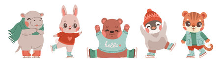 Cute animals set ice skating isolated. Hippo, rabbit, bear, penguin, tiger. Sport and leisure concept illustrationのイラスト素材