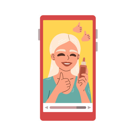 Beauty woman applying makeup. Female video blogger. People doing review on phone screen. Hand drawn style vector.のイラスト素材